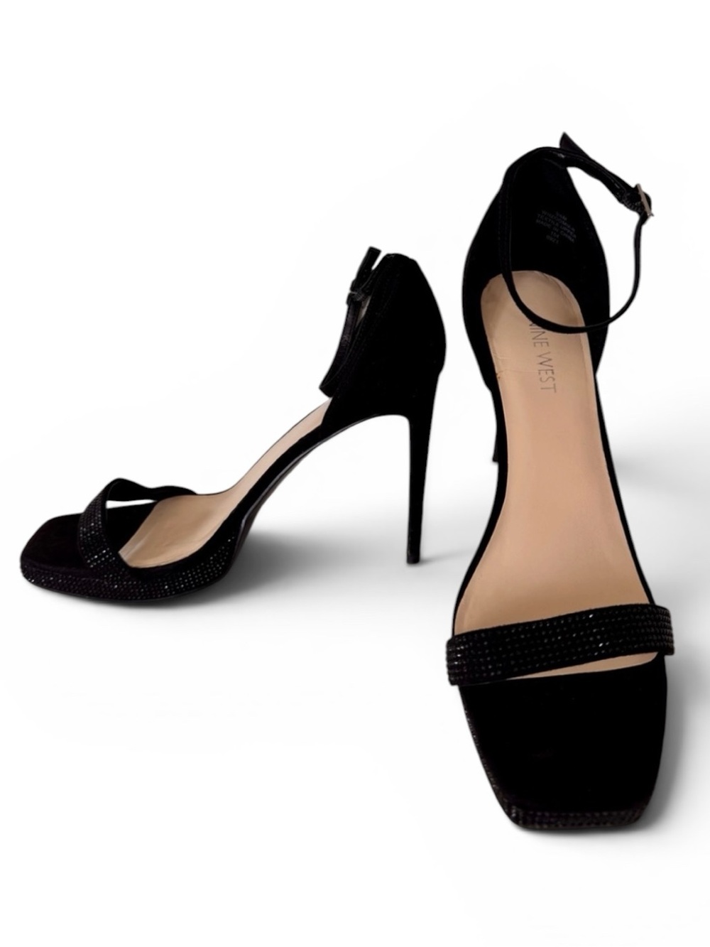Nine West Black Rhinestone Strappy Heels Platform Stiletto 9.5